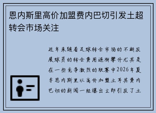 恩内斯里高价加盟费内巴切引发土超转会市场关注